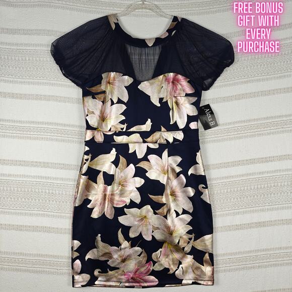 Alexa B Nites Navy Blue Floral Shiny Cocktail Dress Size 14P NWT - Picture 1 of 8